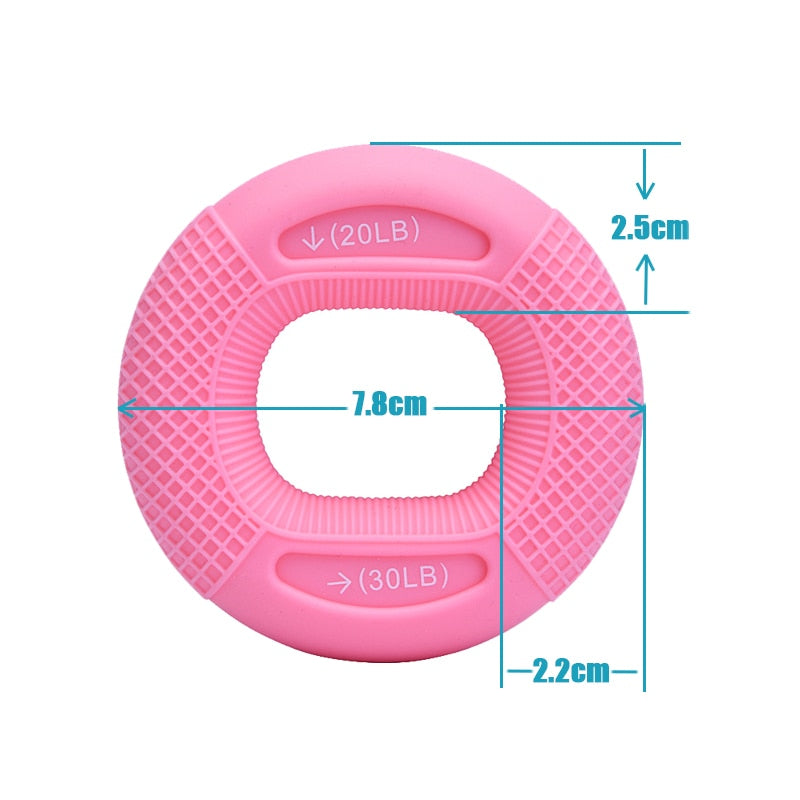 Um anel de silicone rosa, com 9 kg de força, e dimensões de 7.8cm x 2.5cm